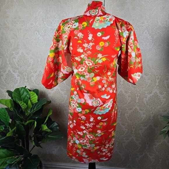 Vintage Japanese Open Kimono Size 40 (Fits S/M) Orange w/Floral Pattern - Picture 7 of 12